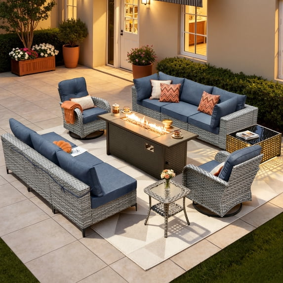 XIZZI 11 Pieces Outdoor Patio Furniture Set All-Weather Wicker Conversation Set Rattan Outside Sectional Sofa with Fire Pit Table & Swivel Rocking Chairs for Garden, Diamond Blue