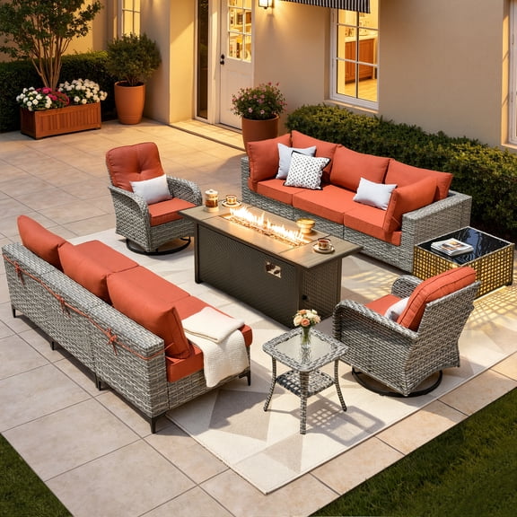 XIZZI 11 Pieces Outdoor Patio Furniture Set All-Weather Wicker Conversation Set Rattan Outside Sectional Sofa with Fire Pit Table & Swivel Rocking Chairs for Garden, Coarse Orange Red