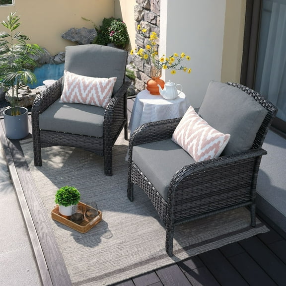 XIZZI 2 Pieces Wicker Outdoor Patio Furniture High Back Rattan Conversation Set All Weather Patio Chair Set with Cushions for Balcony, Dark Gray