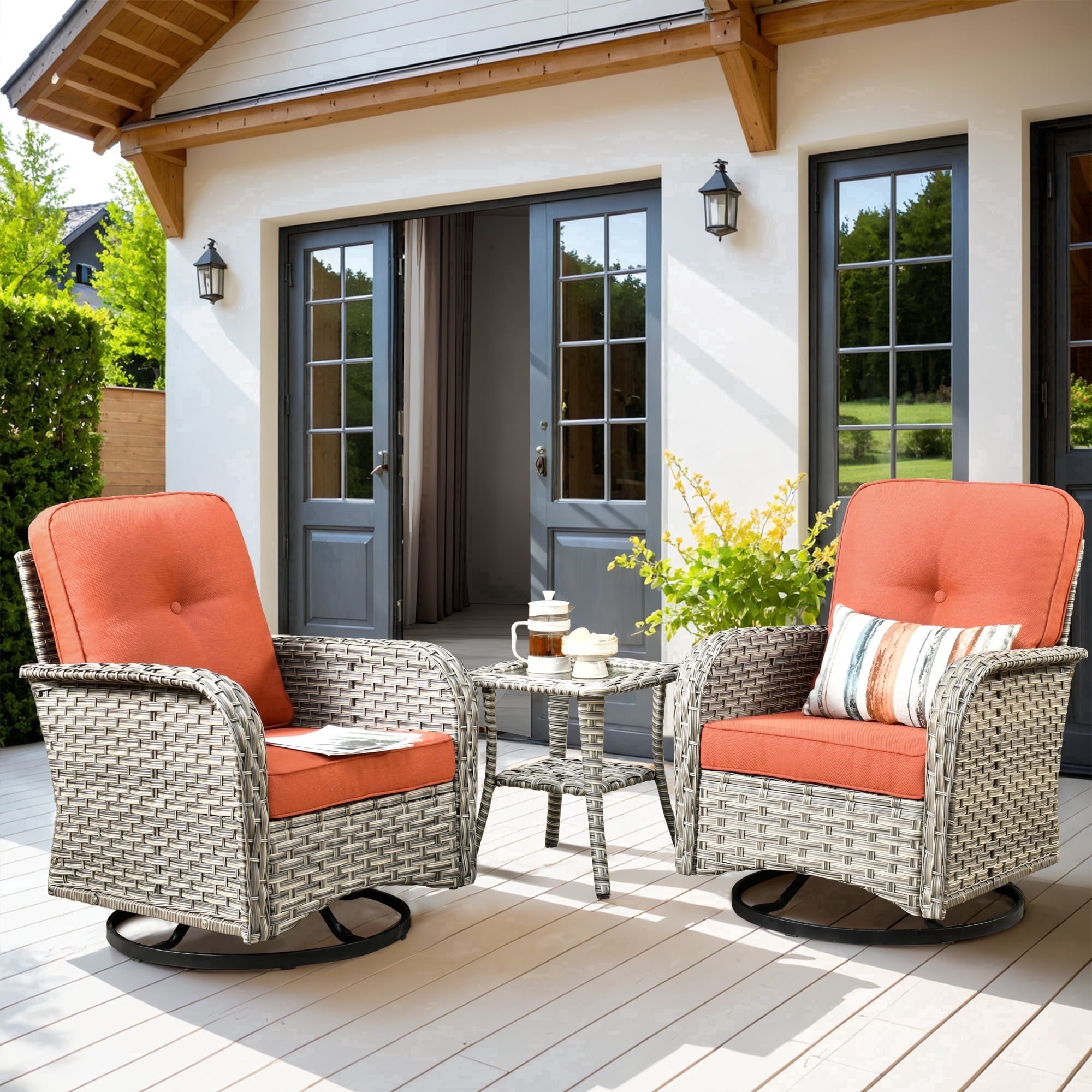 XIZZI 3-Piece Patio Furniture Set High Back Patio Conversation Chairs Set Outdoor Swivel Glider Rocker Chairs Wicker Outdoor Rocking Swivel Chairs with Side Table for Porch, Coarse Orange Red