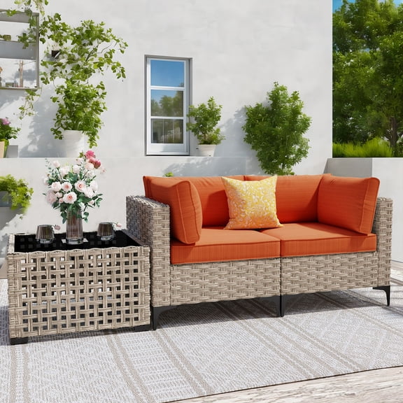 XIZZI 3 Pieces Wicker Patio Furniture Set All Weather Outdoor Conversation Set Rattan Patio Sectional Sofa with Lighting Coffee Table for Porch, Orange Red