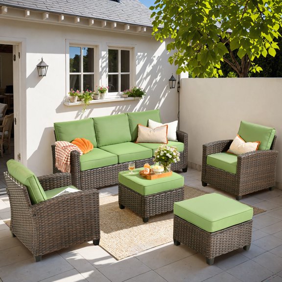 XIZZI 5 Pieces Wicker Patio Furniture All Weather Outside Seating Set High Back Rattan Outdoor Conversation Set with Cushion Ottoman for Balcony, Green