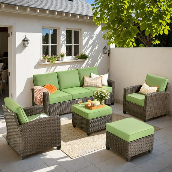 XIZZI 5 Pieces Wicker Patio Furniture All Weather Outside Seating Set High Back Rattan Outdoor Conversation Set with Cushion Ottoman for Balcony, Green