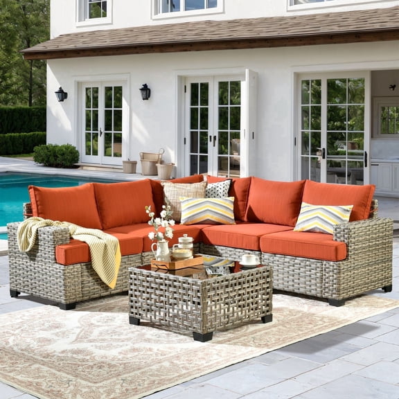XIZZI 6-Piece Outdoor Patio Sectional Furniture Sets, Wicker Patio furniture with Coffee Table and Cushions, Waterproof Outdoor Conversation Set for Balcony, Porch, Backyard,Orange Red