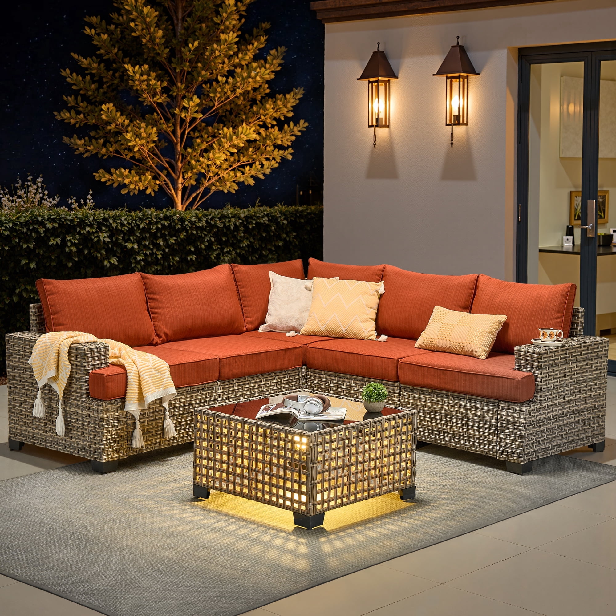 XIZZI 6-Piece Outdoor Patio Sectional Furniture Sets, Wicker Patio furniture with Coffee Table and Cushions, Waterproof Outdoor Conversation Set for Balcony, Porch, Backyard,Orange Red