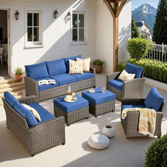 XIZZI 6 Pieces High Back Wicker Patio Furniture Set All Weather Outside Seating Sofa Rattan Outdoor Conversation Set with Cushion Ottoman for Balcony, Navy Blue