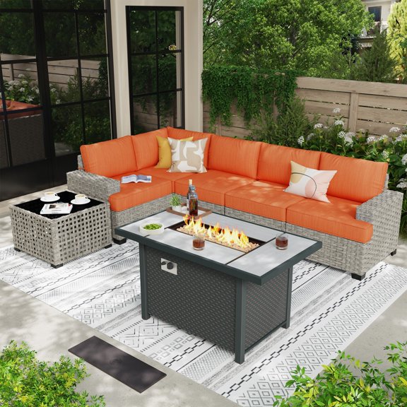 XIZZI 7 Pieces Outdoor Patio Furniture All Weather Rattan Conversation Set Wicker Patio Sectional Sofa Set with Fire Pit Table and Coffee Table for Garden, Orange Red