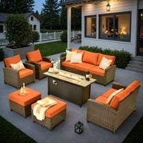 XIZZI 7 Pieces Outdoor Patio Furniture, All Weather Rattan Outside Chair Set, High Back Wicker Conversation Set with 54" Fire Pit Table for Garden, Orange Red