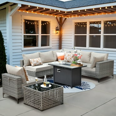 Hooowooo 8 Pieces Wicker Patio Furniture Modular Outdoor Conversation Set Rattan Patio Sectionals with Glowing Coffee Table and Fire Pit Table for Garden, Beige