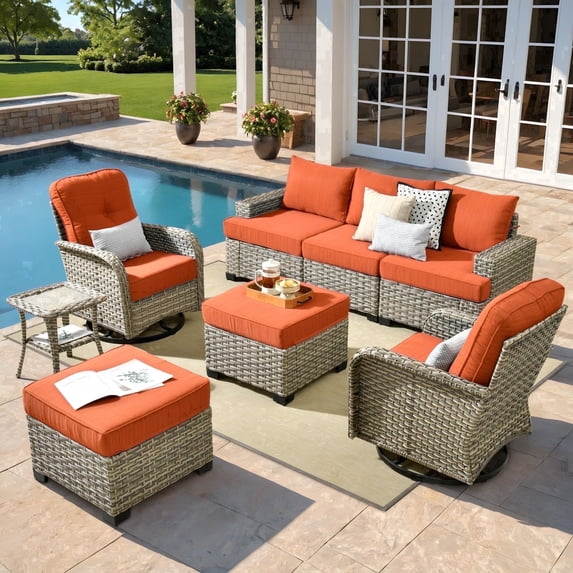 XIZZI 8-Piece Outdoor Patio Sectional Furniture Sets, Wicker Patio furniture with Swivel Chairs, Waterproof Outdoor Conversation Set for Backyard, Orange Red