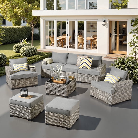 XIZZI Outdoor Patio Furniture Sets, 8 Pieces Outdoor Sectional wicker patio furniture with Coffee Table and Ottomans, All-Weather Waterproof Outdoor Conversation set for Garden Porch, Dark Gray