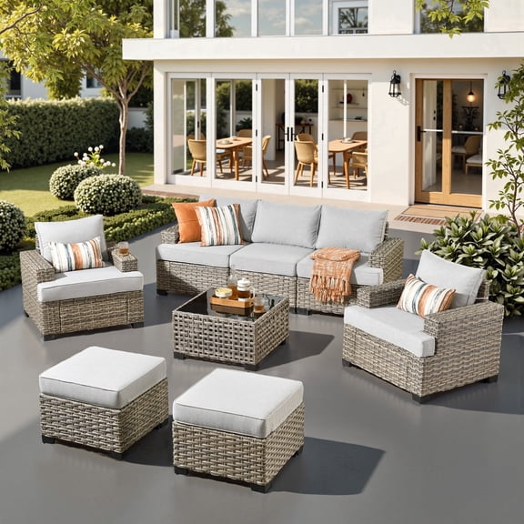 XIZZI Outdoor Patio Furniture Sets, 8 Pieces Outdoor Sectional wicker patio furniture with Coffee Table and Ottomans, All-Weather Waterproof Outdoor Conversation set for Garden Porch, Gray
