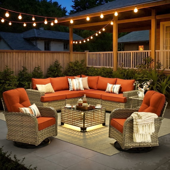 XIZZI 9-Piece Outdoor Patio Sectional Furniture Sets, Wicker Patio furniture with Coffee Table and Swivel Chairs, Waterproof Outdoor Conversation Set for Balcony, Porch, Backyard, Orange Red
