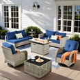 thumbnail image 1 of XIZZI 9 Pieces Wicker Patio Furniture Outdoor Conversation Set with Fire Pit Table and Swivel Rocking Chairs Rattan Patio Sectional Sofa with Cushions for Backyard, Navy Blue, 1 of 11