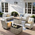 thumbnail image 1 of XIZZI 9 Pieces Wicker Patio Furniture Outdoor Conversation Set with Fire Pit Table and Swivel Rocking Chairs Rattan Patio Sectional Sofa with Cushions for Backyard, Gray, 1 of 12