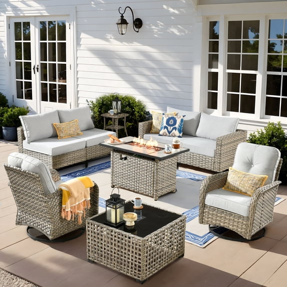 XIZZI 9 Pieces Wicker Patio Furniture Outdoor Conversation Set with Fire Pit Table and Swivel Rocking Chairs Rattan Patio Sectional Sofa with Cushions for Backyard, Gray