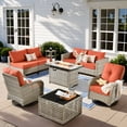 thumbnail image 1 of XIZZI 9 Pieces Wicker Patio Furniture Outdoor Conversation Set with Fire Pit Table and Swivel Rocking Chairs Rattan Patio Sectional Sofa with Cushions for Backyard, Coarse Orange Red, 1 of 12
