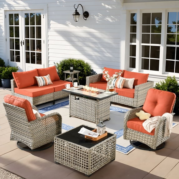 XIZZI 9 Pieces Wicker Patio Furniture Outdoor Conversation Set with Fire Pit Table and Swivel Rocking Chairs Rattan Patio Sectional Sofa with Cushions for Backyard, Coarse Orange Red