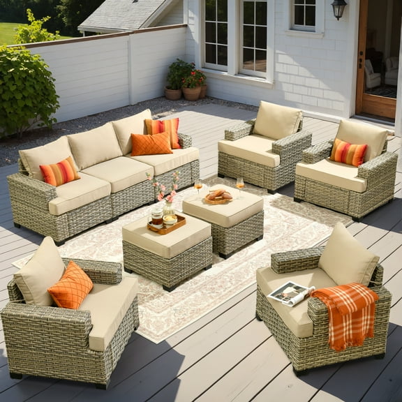 XIZZI 9 Pieces Wicker Patio Furniture Rattan Outdoor Sectional Sofa Waterproof Patio Conversation Chair Set with Cushion Ottoman for Backyard, Beige