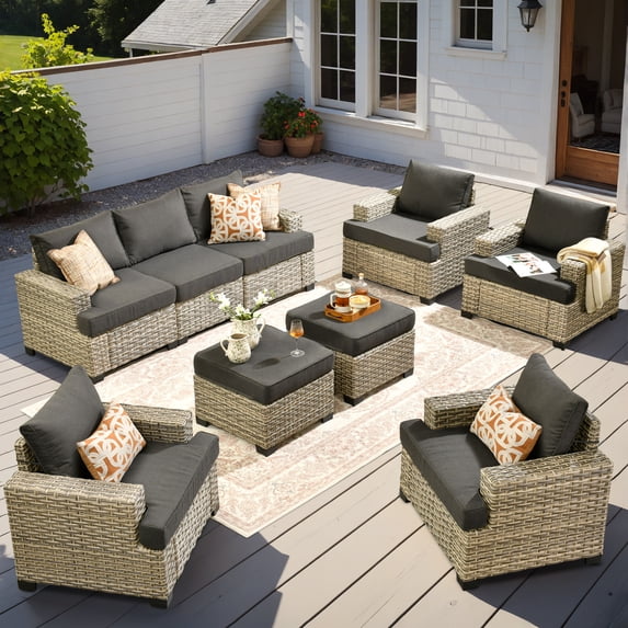 XIZZI 9 Pieces Wicker Patio Furniture Rattan Outdoor Sectional Sofa Waterproof Patio Conversation Chair Set with Cushion Ottoman for Backyard, Black
