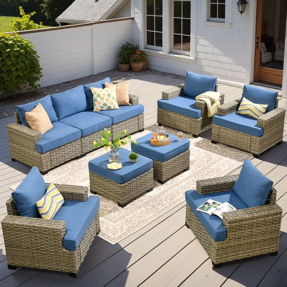 XIZZI 9 Pieces Wicker Patio Furniture Rattan Outdoor Sectional Sofa Waterproof Patio Conversation Chair Set with Cushion Ottoman for Backyard, Diamond Blue