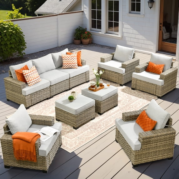 XIZZI 9 Pieces Wicker Patio Furniture Rattan Outdoor Sectional Sofa Waterproof Patio Conversation Chair Set with Cushion Ottoman for Backyard, Gray