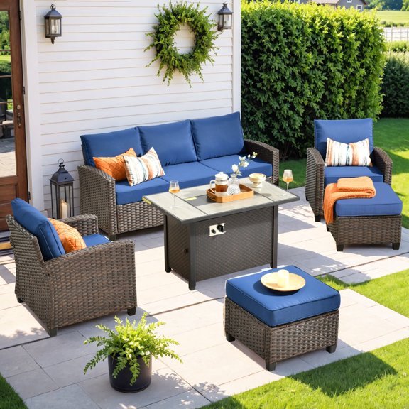XIZZI Patio Furniture 6 Pieces High Back Wicker Outdoor Conversation Set All Weather Rattan Outside Seating Set with Fire Pit Table for Balcony, Navy Blue