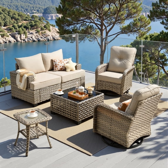 XIZZI Outdoor Patio Furniture Sets, 6 Pieces Outdoor Sectional wicker patio furniture with Coffee Table and Swivel Chairs, All-Weather Conversation set for Porch, Beige