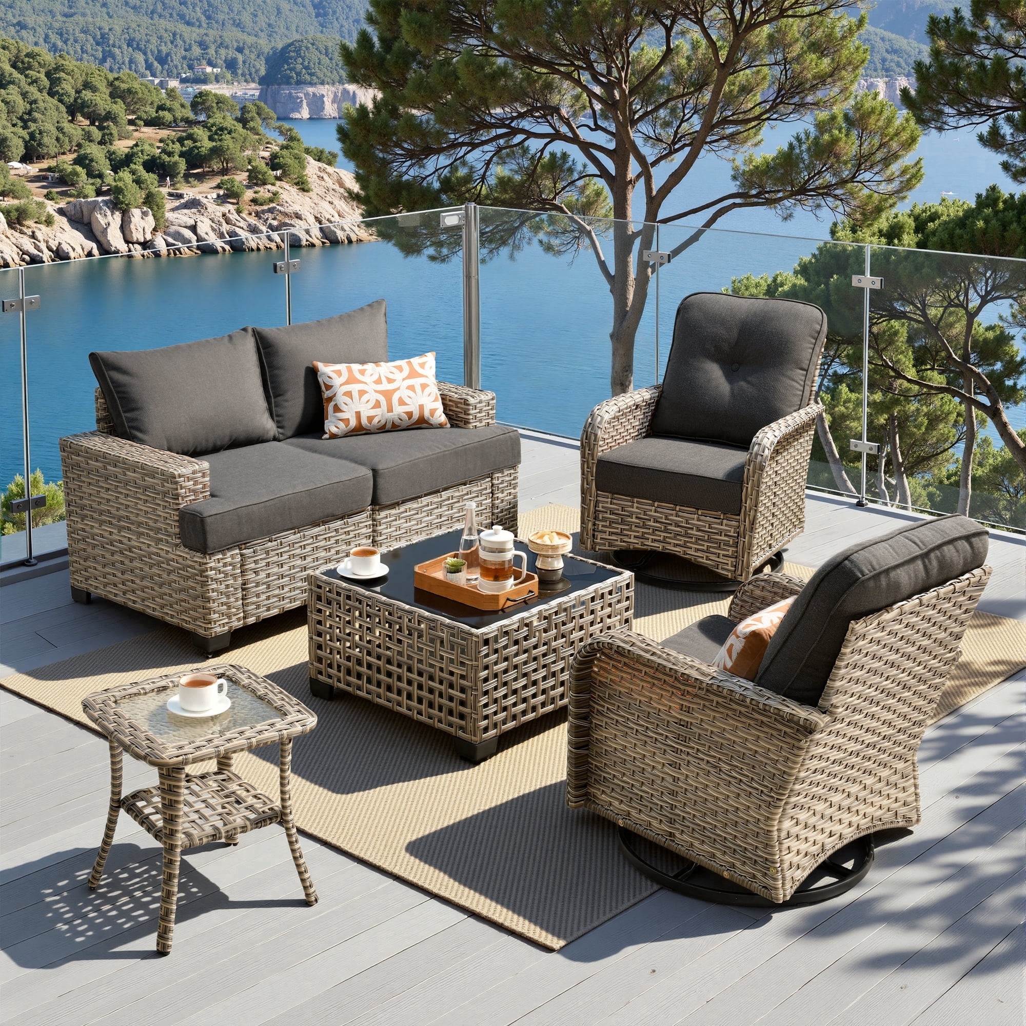 XIZZI Outdoor Patio Furniture Sets, 6 Pieces Outdoor Sectional wicker patio furniture with Coffee Table and Swivel Chairs, All-Weather Conversation set for Porch, Black