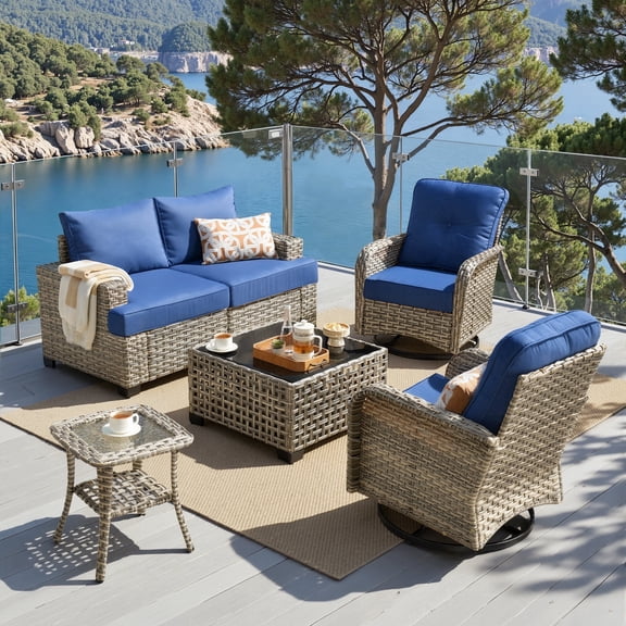 XIZZI Outdoor Patio Furniture Sets, 6 Pieces Outdoor Sectional wicker patio furniture with Coffee Table and Swivel Chairs, All-Weather Conversation set for Porch, Navy Blue