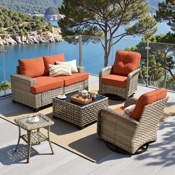 XIZZI Outdoor Patio Furniture Sets, 6 Pieces Outdoor Sectional wicker patio furniture with Coffee Table and Swivel Chairs, All-Weather Conversation set for Porch, Orange Red