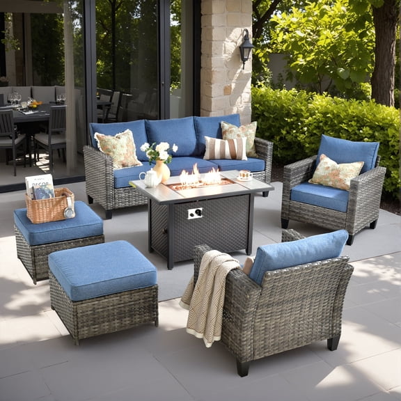 XIZZI Patio Furniture Set with Fire Pit And Ottoman, All-Weather Wicker Rattan Outdoor Conversation Set High Back Outdoor Furniture Sofa for Backyard, Denim Blue