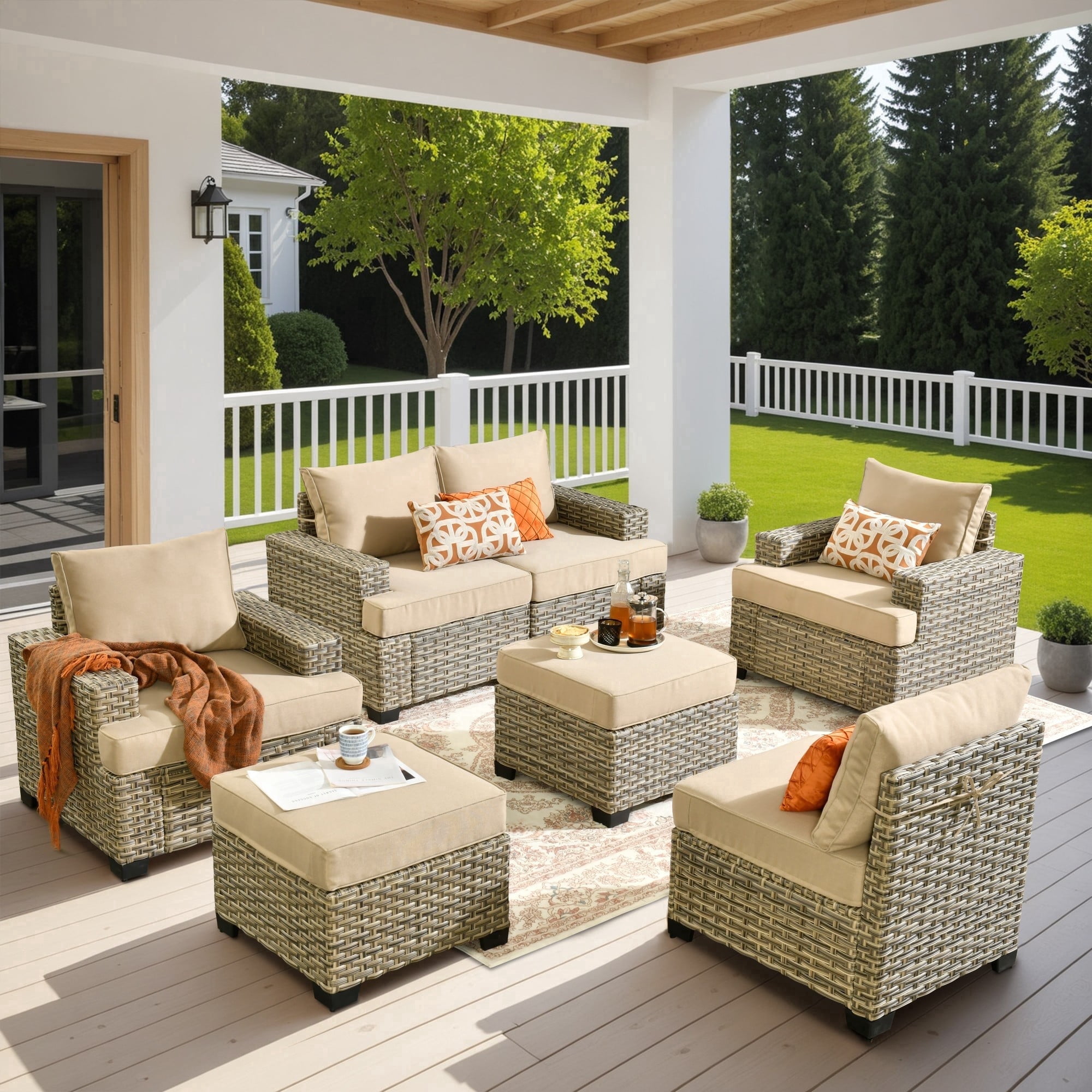 XIZZI Outdoor Patio Furniture Sets, 7 Pieces Outdoor Sectional wicker patio furniture with Cushion Ottoman, All-Weather Waterproof Outdoor Conversation set for Porch, Beige