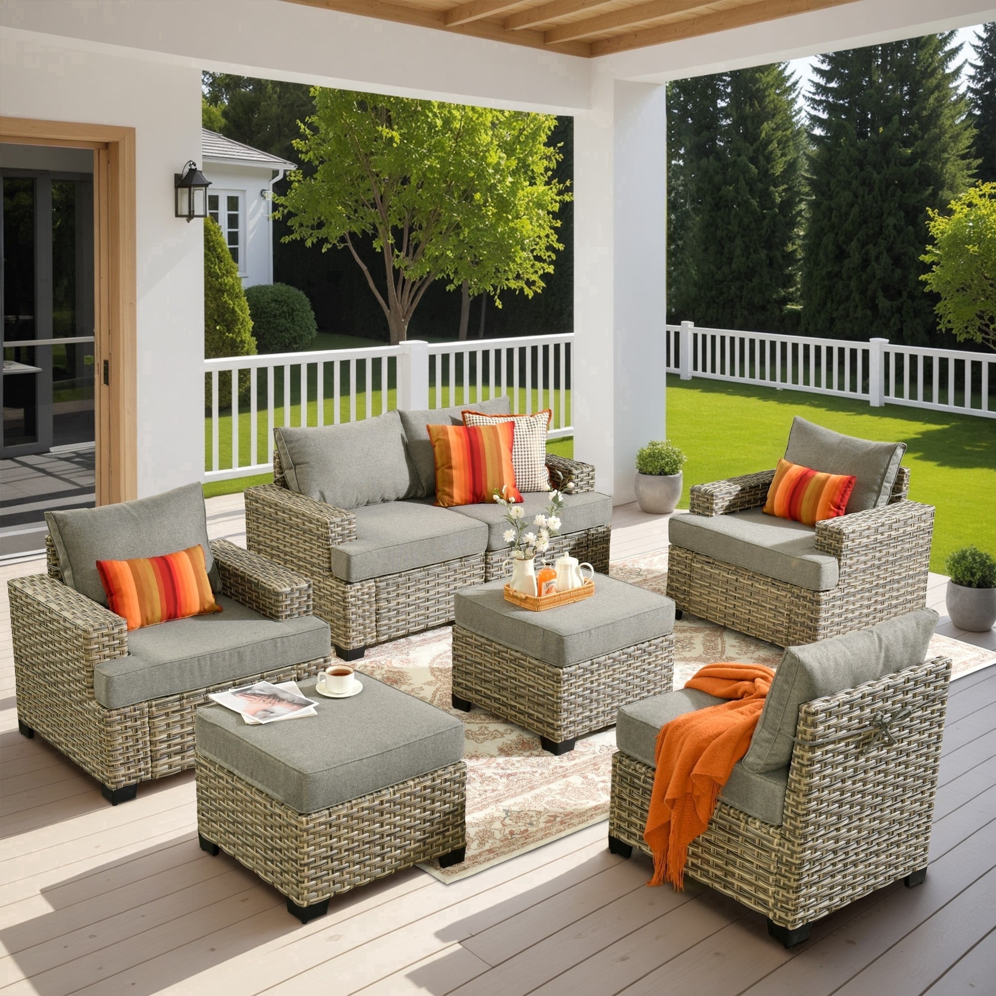 XIZZI Outdoor Patio Furniture Sets, 7 Pieces Outdoor Sectional wicker patio furniture with Cushion Ottoman, All-Weather Waterproof Outdoor Conversation set for Porch, Dark Gray