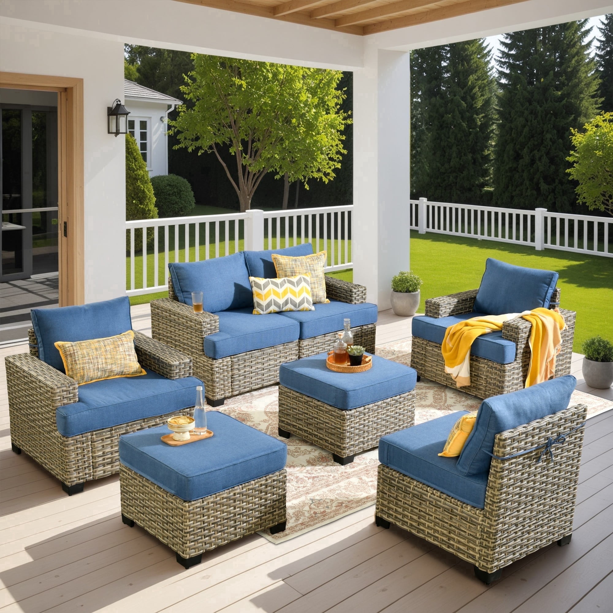 XIZZI Wicker Patio Furniture 7 Pieces Rattan Outdoor Conversation Set All Weather Modular Sectional Sofa Patio Chair Set with Cushion Ottoman for Porch, Diamond Blue