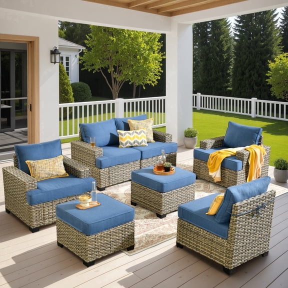 XIZZI Wicker Patio Furniture 7 Pieces Rattan Outdoor Conversation Set All Weather Modular Sectional Sofa Patio Chair Set with Cushion Ottoman for Porch, Diamond Blue