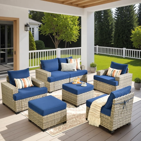 XIZZI Outdoor Patio Furniture Sets, 7 Pieces Outdoor Sectional wicker patio furniture with Cushion Ottoman, All-Weather Waterproof Outdoor Conversation set for Porch, Navy Blue