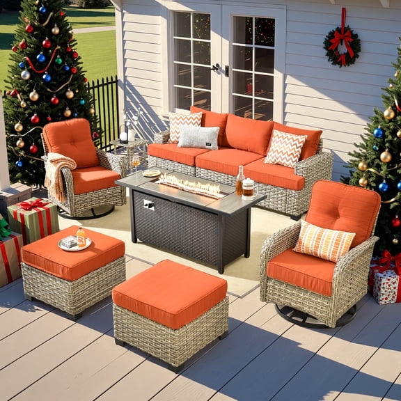 XIZZI Wicker Patio Furniture 9 Pieces Rattan Outdoor Conversation Set All Weather Outside Sectional Sofa Set with Swivel Chair and Fire Pit Table for Backyard, Orange Red