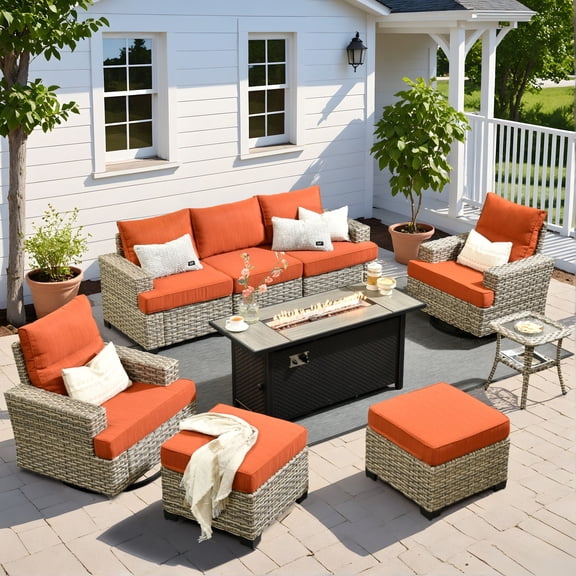 XIZZI Wicker Patio Furniture 9 Pieces Rattan Outdoor Conversation Set All Weather Outside Sectional Sofa Set with Swivel Chair and Fire Pit Table for Backyard, Orange Red