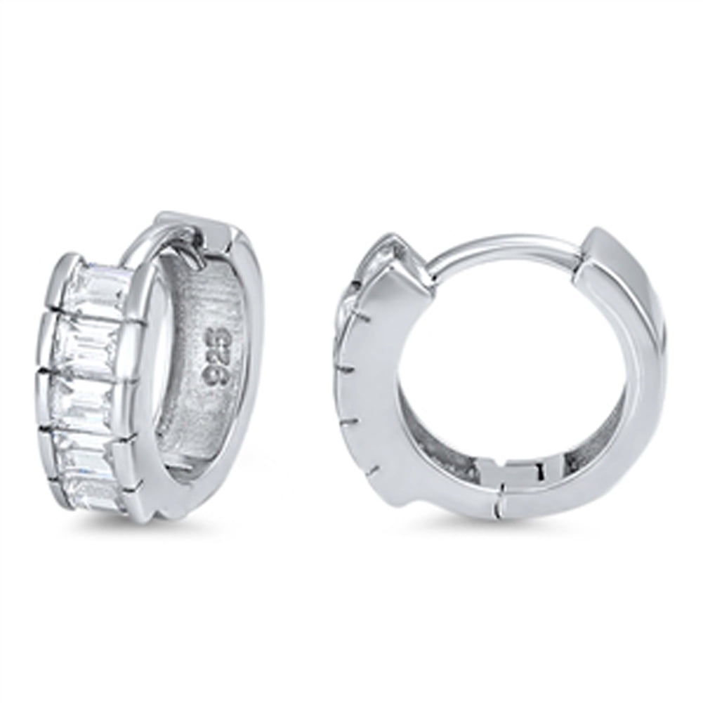 Genuine 925 Sterling Silver 13mm Clear Crystal Hoop Ring Huggie