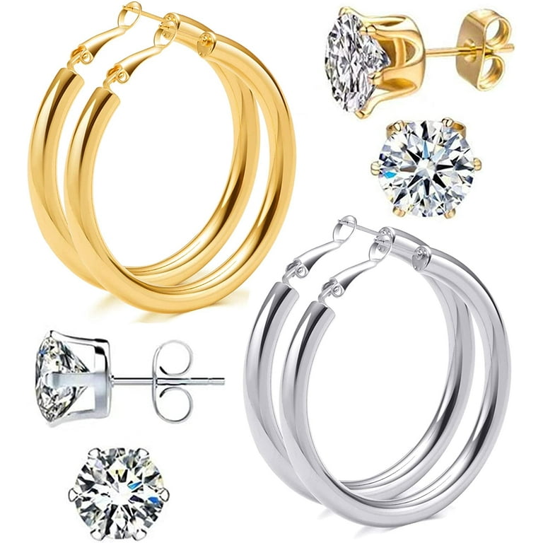 6 Pairs Stainless Steel gold silver Plated Hoop Earrings for Women Girls,  Hypoallergenic Hoops Women's Earrings Loop Earrings Set
