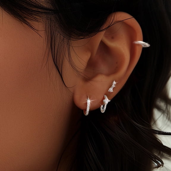 Hoop Earrings Set For Women Silver Plated Earrings Trendy Chunky Stacks For Multiple Piercing Hoop Earrings
