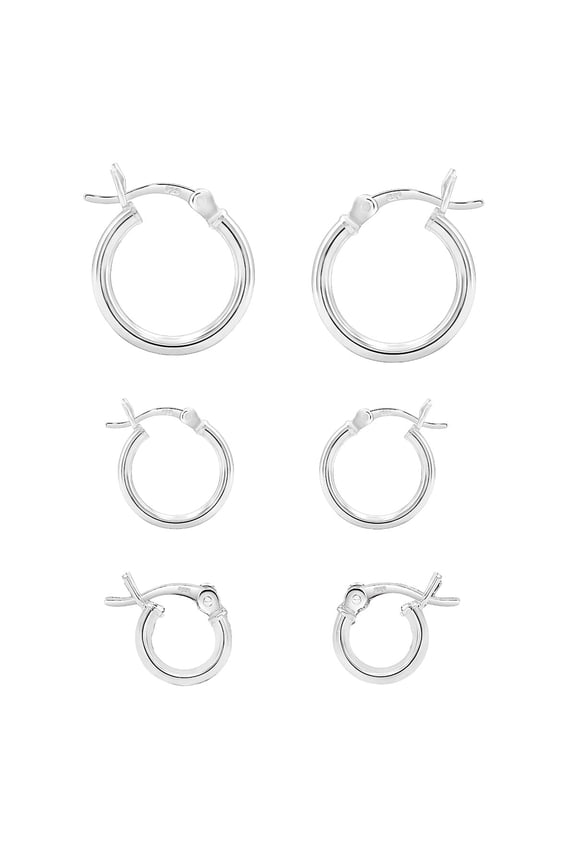 Sterling Silver 925 Hoop Earrings Set, 2mm x 10mm, 12mm, 16mm
