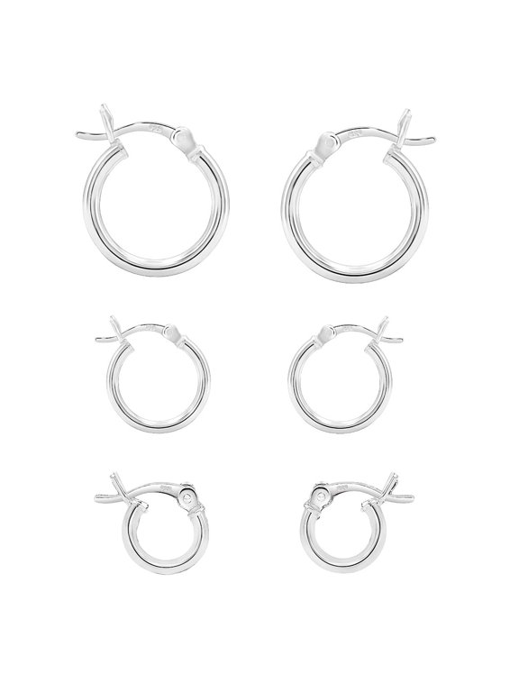 Sterling Silver 925 Hoop Earrings Set, 2mm x 10mm, 12mm, 16mm