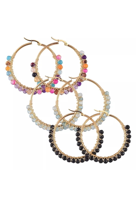 Hoop Earrings Stone Beads Gold Stainless Steel Hoop 50Mm Pin 0.6X1Mm P602