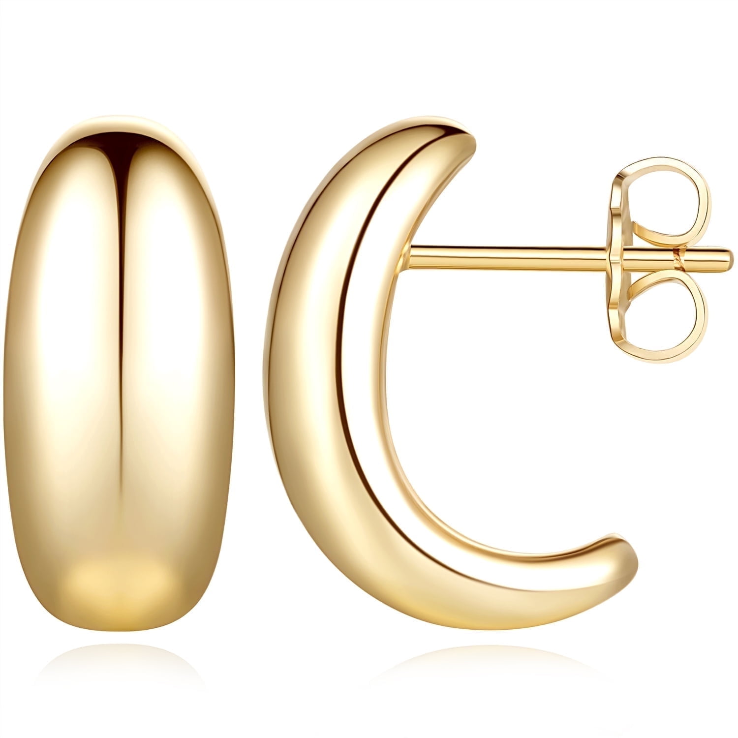 14K Gold Hoop Stud Earrings for Women Thick Gold Stud Earings 13.5mm Glossy Half Hoops 14K Gold Plated Stud Earrings for Women