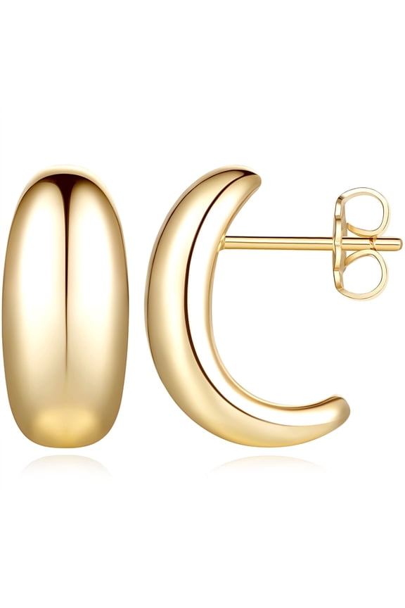 14K Gold Hoop Stud Earrings for Women Thick Gold Stud Earings 13.5mm Glossy Half Hoops 14K Gold Plated Stud Earrings for Women