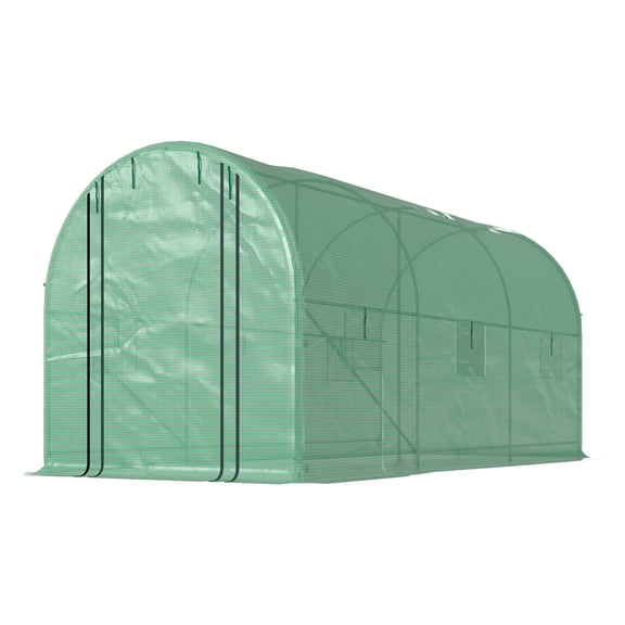 Hoop House Greenhouse, Walk-in Garden Tunnel Greenhouse 14.6'x6.5'x6.6', UV Protection, Zipper Door, Steel Frame, Green