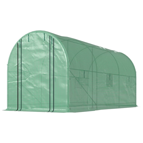 Hoop House Greenhouse, Walk-in Tunnel Greenhouse with 2 Support Rods, Zippered Roll-up Mesh Door, 14.6'x6.5'x6.6', Green
