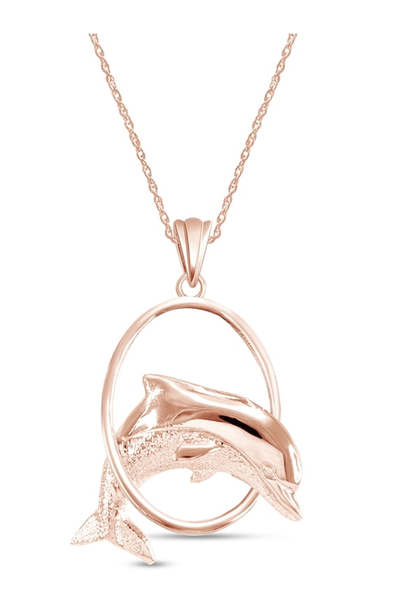 Hoop Jumping Dolphin Pendant Necklace In 14K Rose Gold Plated 925 Sterling Silver 18" Chain